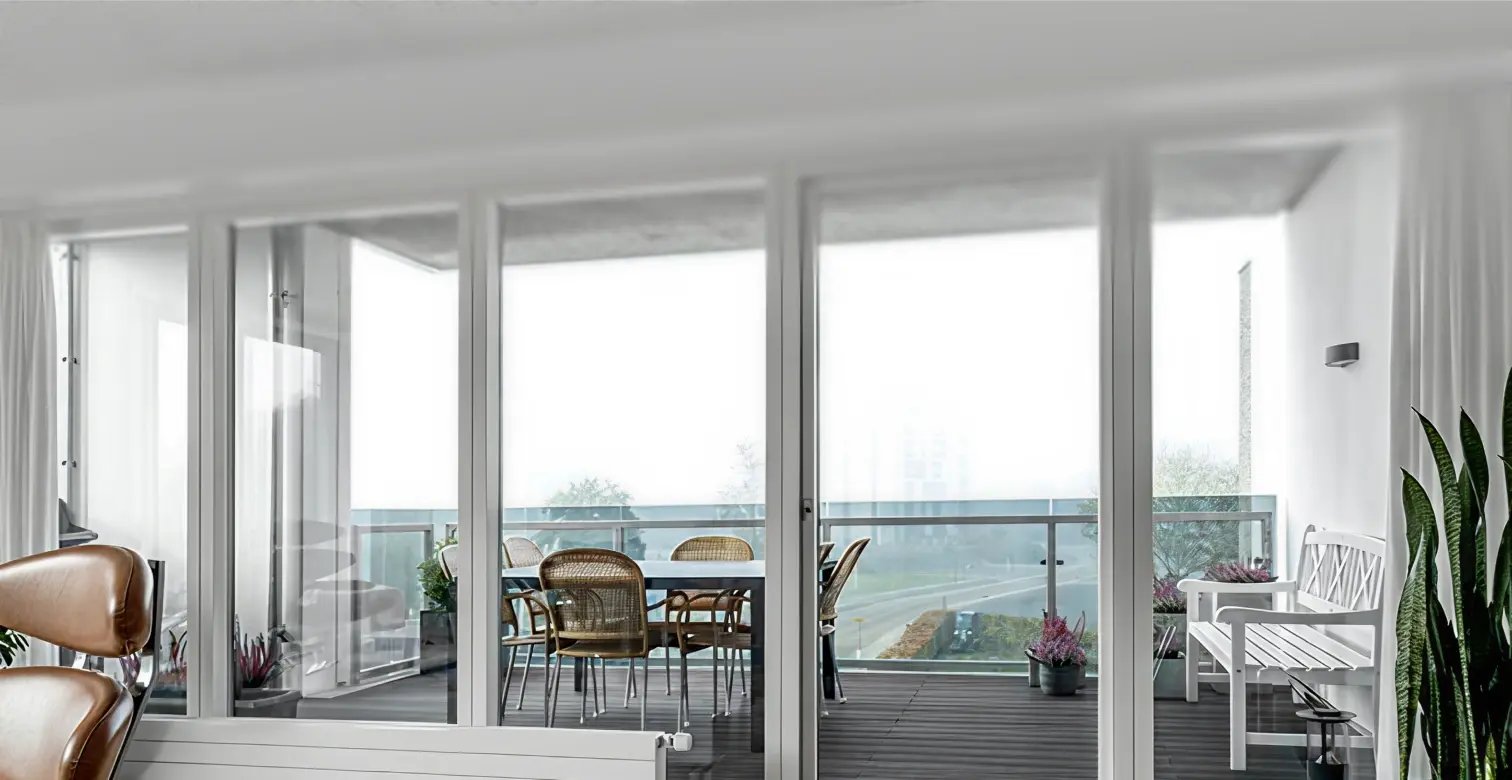 Floor-to-ceiling white sliding patio doors connecting a modern living room to a balcony terrace