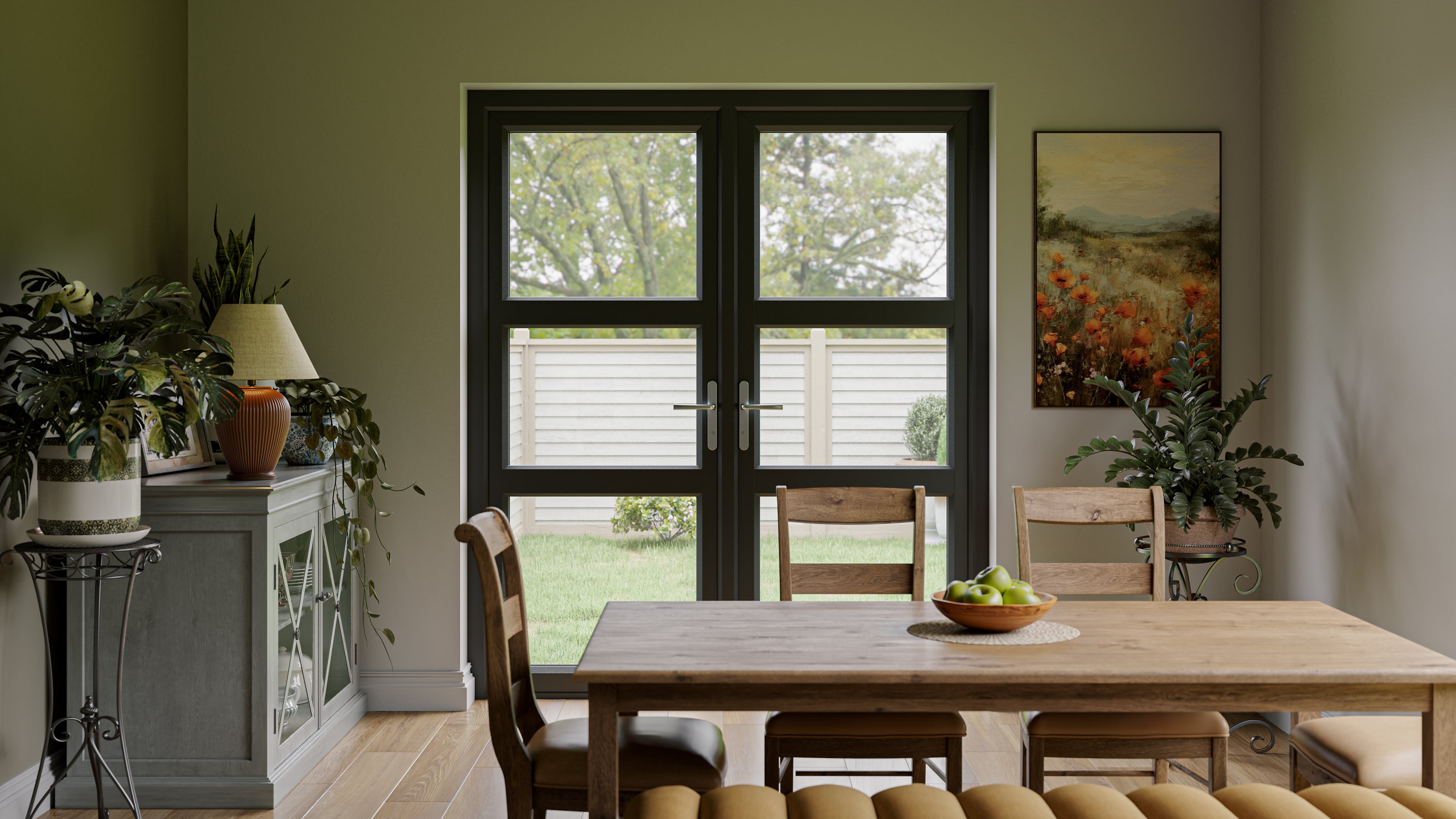 uPVC French patio doors opening from a dining room to the garden, showing classic double door design and natural light in UK homes